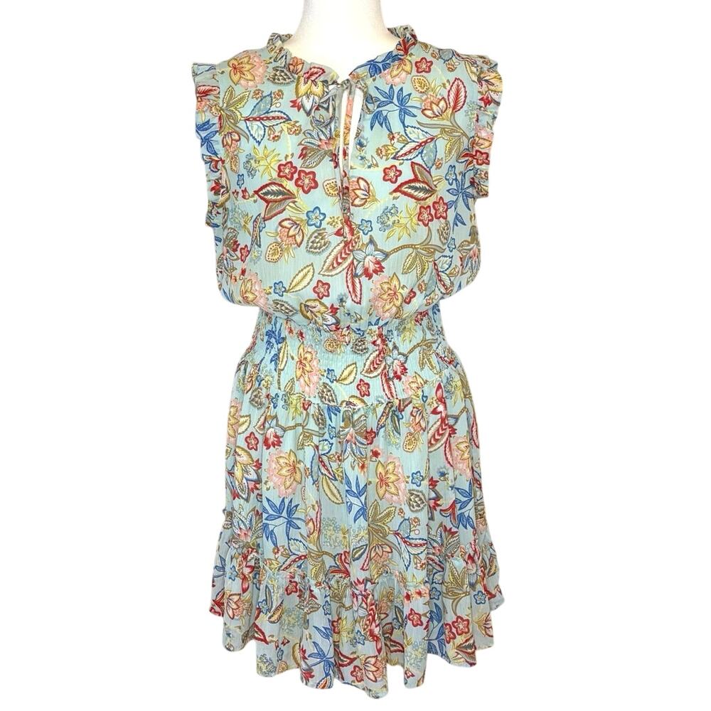 Elan Smocked Ruffle Mini Dress Women's L Multicolor Melrose Print Boho